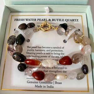 Shivam Fresh Water Pearl & Rutile Quartz Genuine Gemstone/ Brass double Bracelet